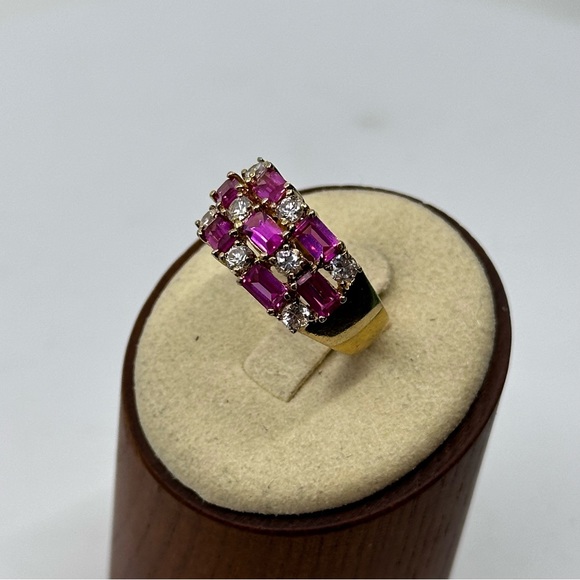 Sz. 8.75 Vintage Cocktail Sterling Silver & Gold Ring with Pink Rubies& Diamond - Picture 11 of 14